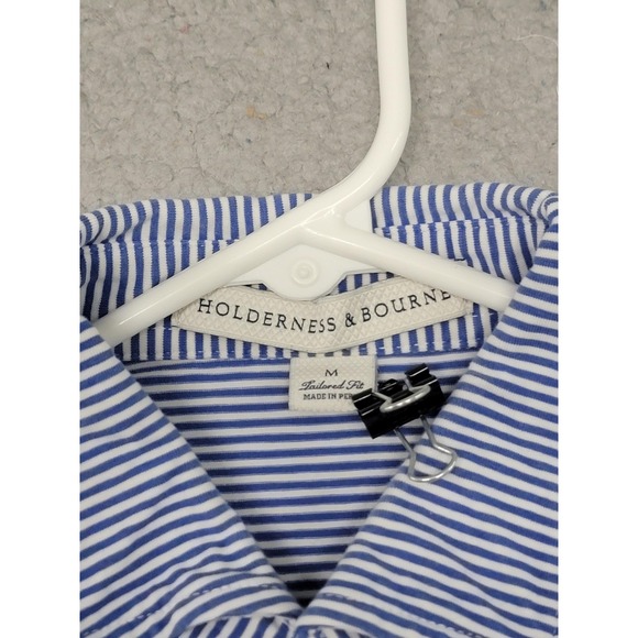 Holderness Bourne Shirt Mens Medium Cobalt White Stripe Herron Golf Polo Pima - Picture 2 of 9